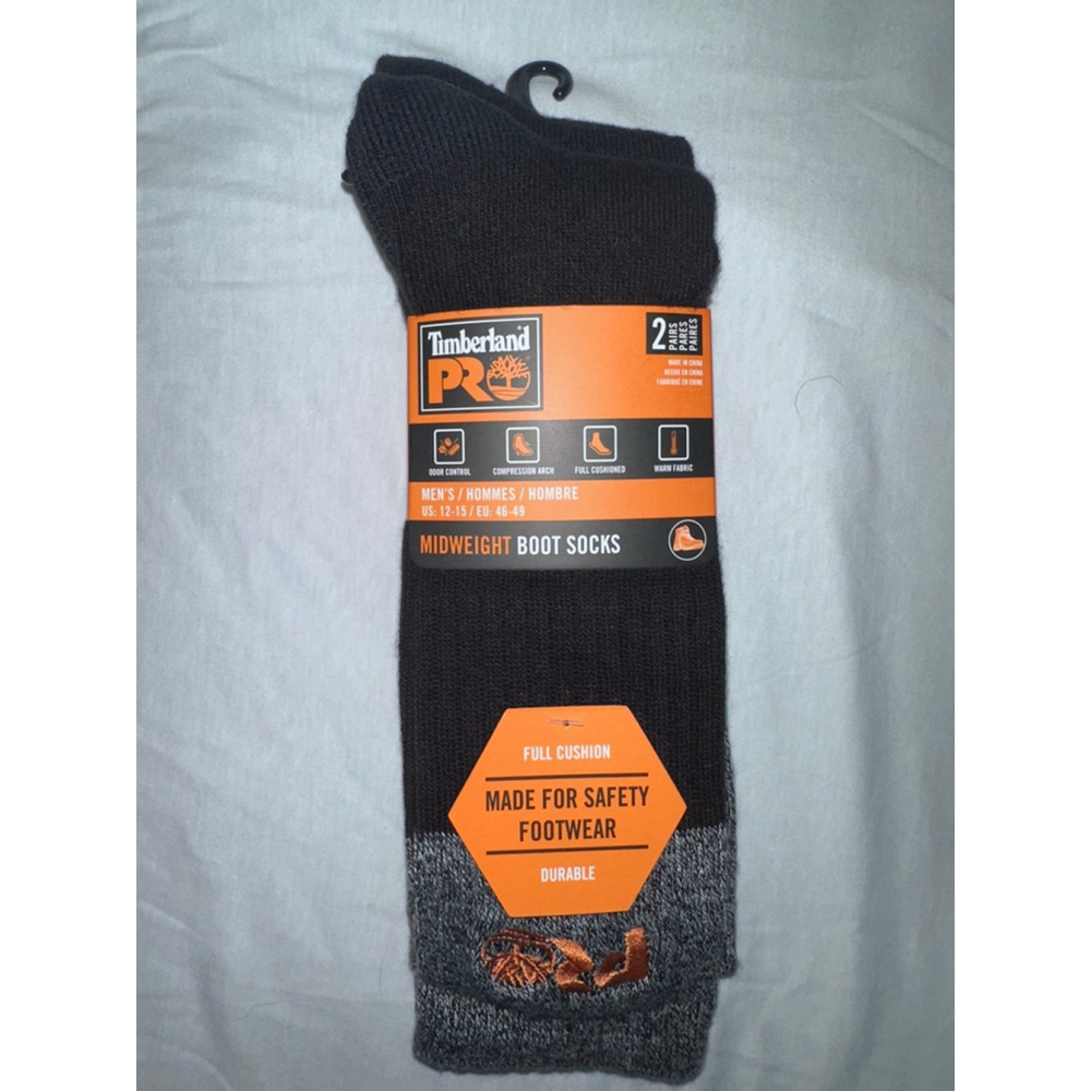 NWT Timberland Pro Men’s Midweight Boot Socks Size US 12-15 Black 2 Pair Pack